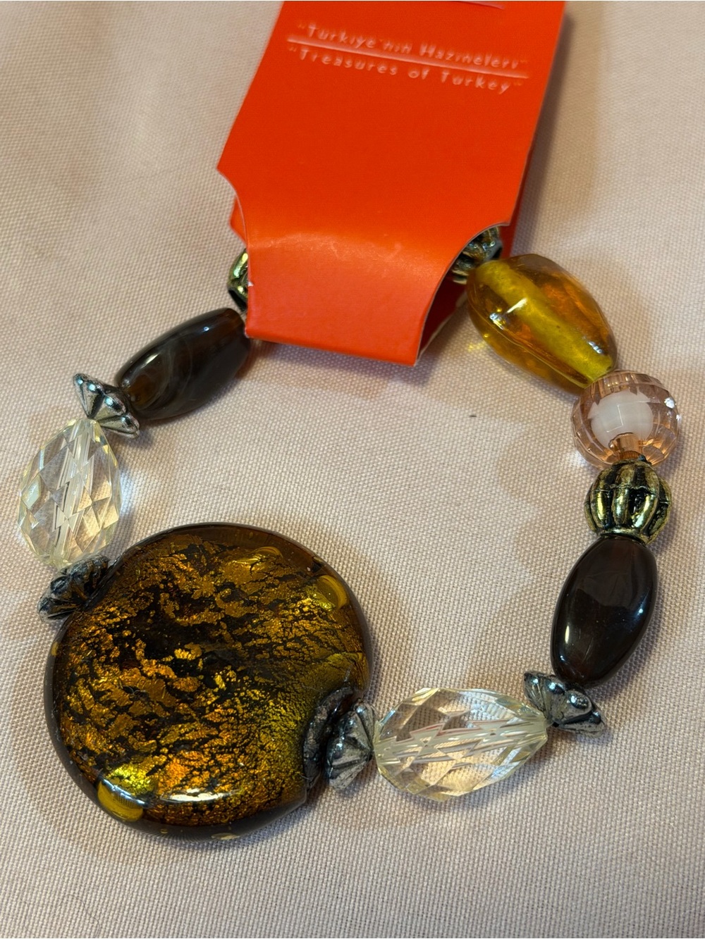 Glass Bead Stretch Bracelet in Amber Color and Clear - Picture 2 of 5